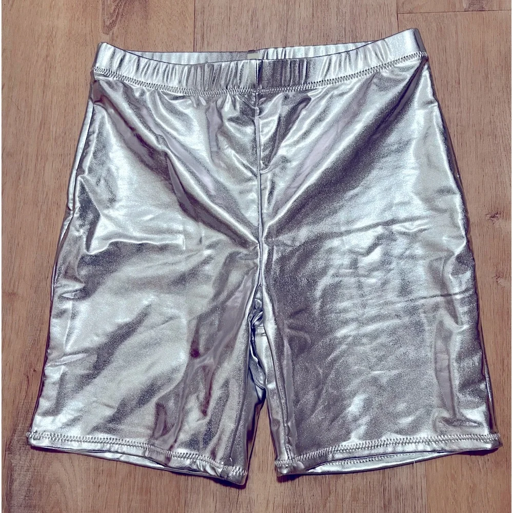 🩶SKIMS METALLIC MID WAIST SWIM BIKINI BOTTOMS SHORTS IN NICKEL M L